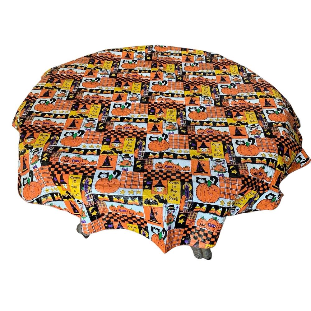 Vintage Halloween Flannel Backed Vinyl Round Tablecloth Patchwork Design Cats